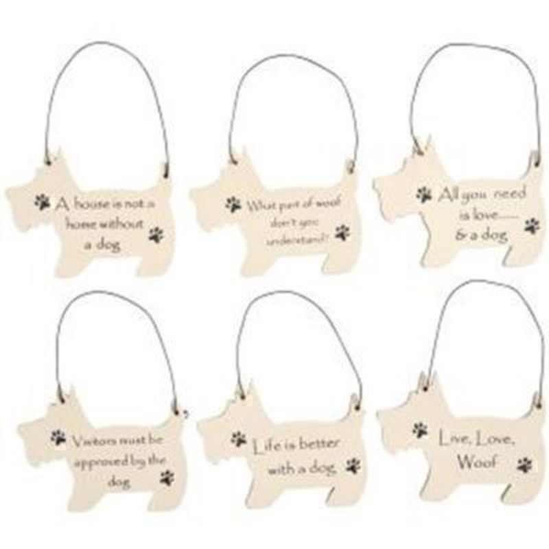 Choice of Mini Dog Shape Sign by Transomnia Choice of Mini Dog Shape Sign by Transomnia. Cream scotty dog shaped sign with a hanging wire at the top, featuring a choice of sayings -